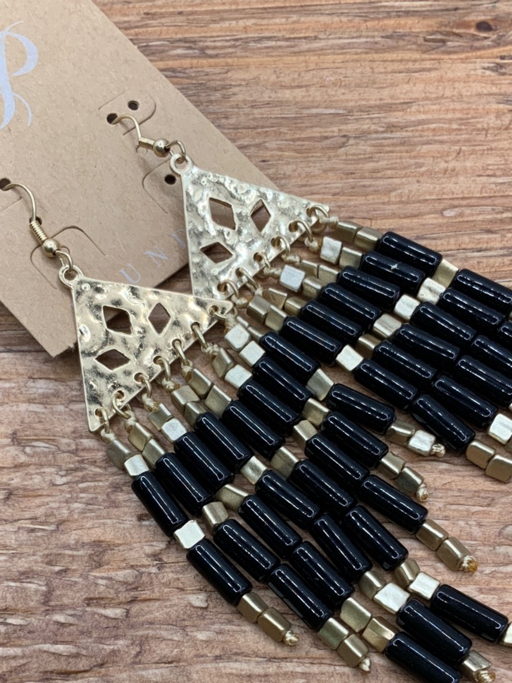 Plunder Design Gold and Black Beaded Fringe Dangle Earrings